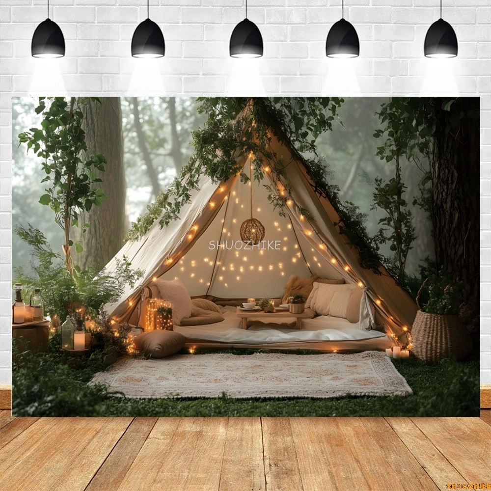 Весенний кемпинг лес палатка фон для фотосъемки открытый день рождения праздник путешествия фон для фотосессии Декор фотостудия