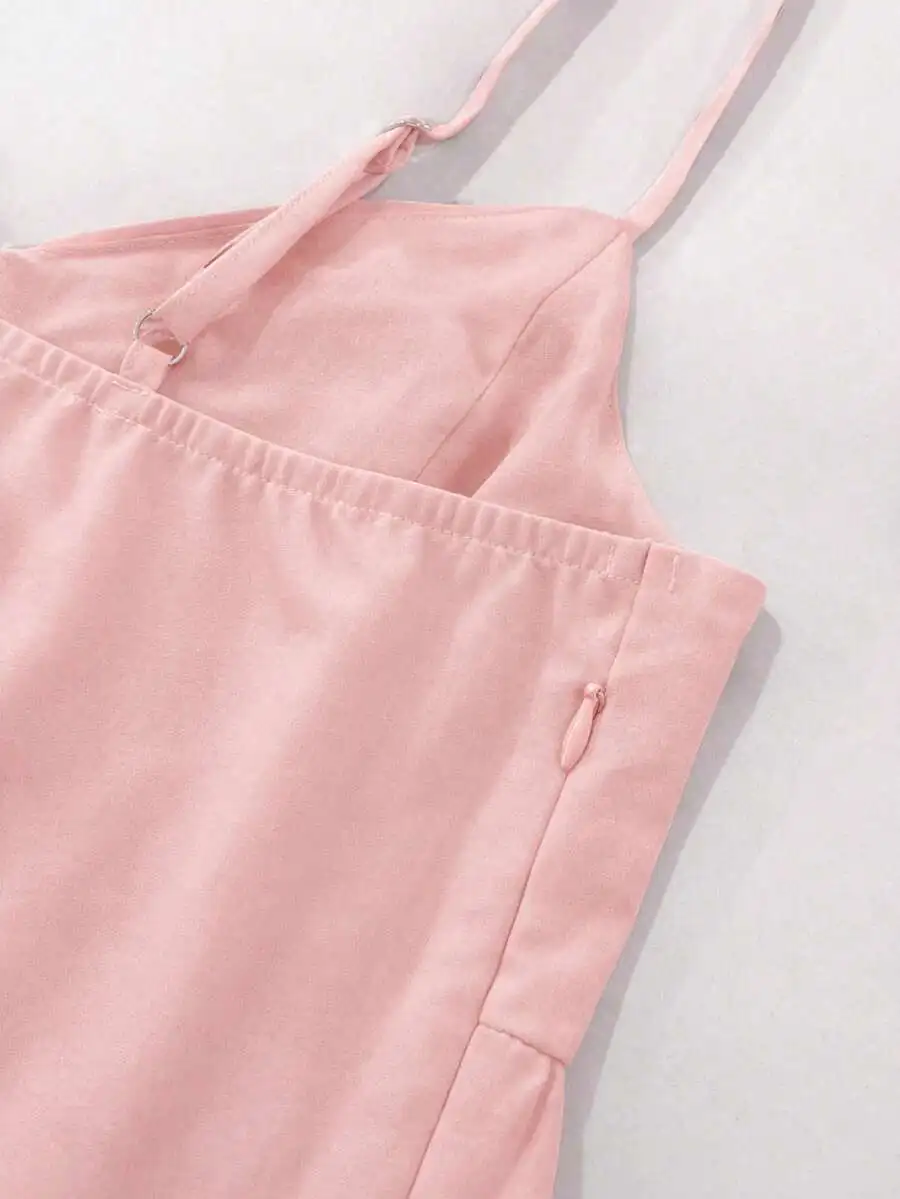 

Womens Vintage Pink Solid V-Neck Sleeveless Dress With Ruched Detail Tiered Hem Elegant French Style For Beach Party Festival