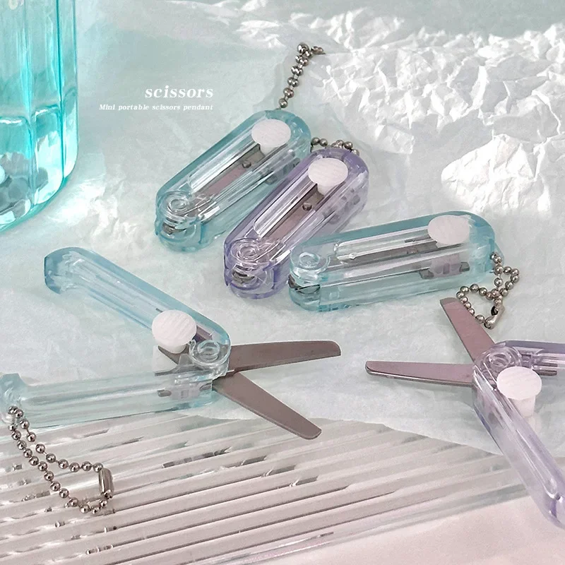 Mini Scissors Small Transparent Candy Color Fold Telescopic Stationery Scissors with Pendant Safety Scrapbook Scissors Student