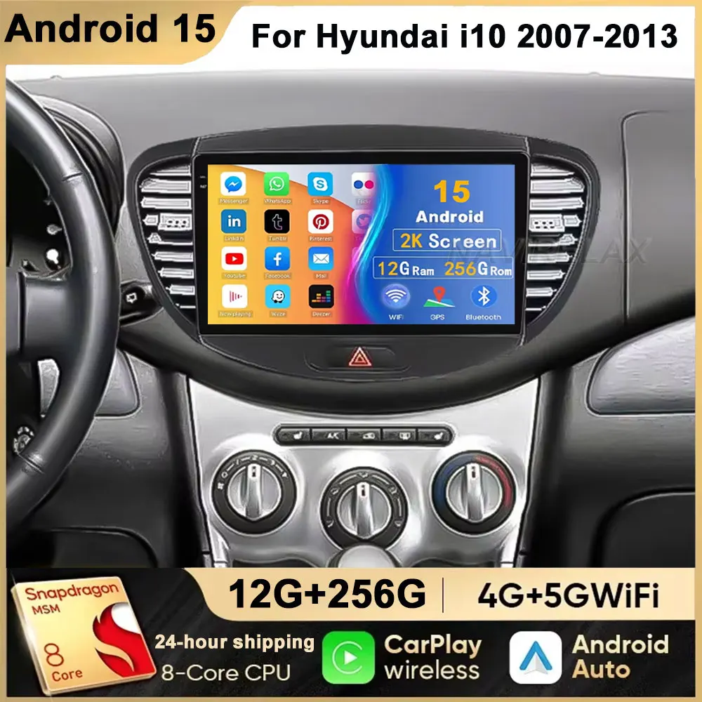 Android 15 Carplay Auto Radio del coche para Hyundai I10 2007 - 2013 CarPlay Auto GPS grabadora reproductor de vídeo Multimedia 4G + WiFi DSP