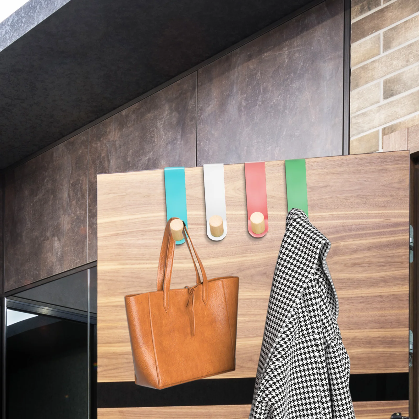 

8Pcs Colorful Door Hooks Over Door Organizer Sturdy Iron Wood Coat Hanger for Clothes Bags Towels Bathroom Bedroom