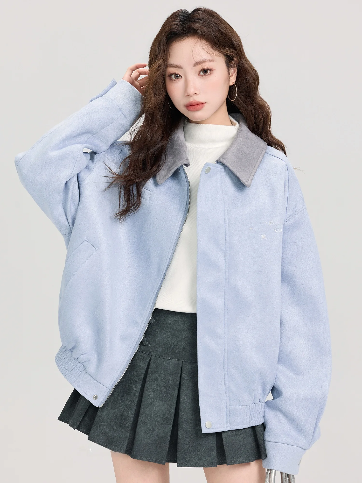 

Mi Xiao Ke ort Suede Jaet женский весенне-осенний свободный крой с воротником-стойкой открытый кардиган синий колледж Sle Sweet Wind