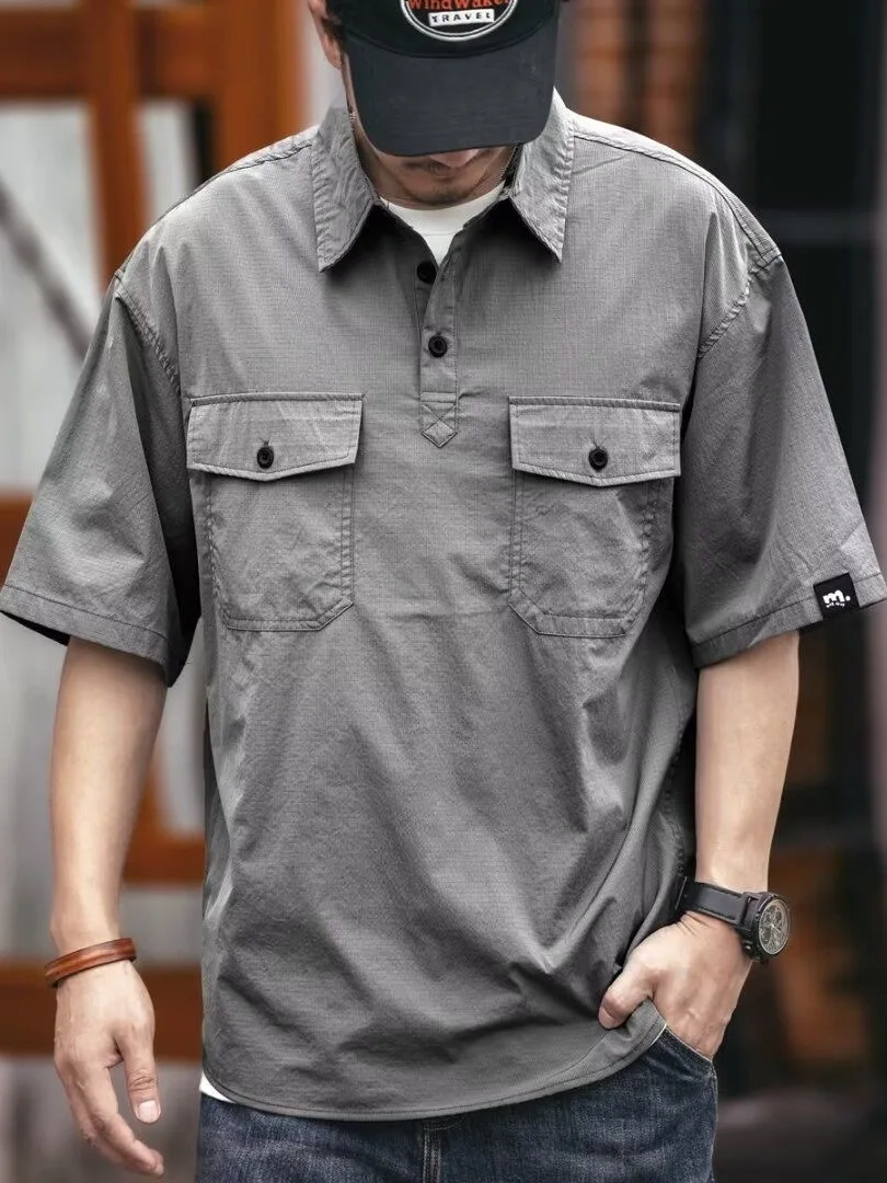 Summer Men's Shirt Short Sleeve Turn-down Collar Heavyweight Simple Large Size Sporty Trendy Brand Top Breathable Polyester