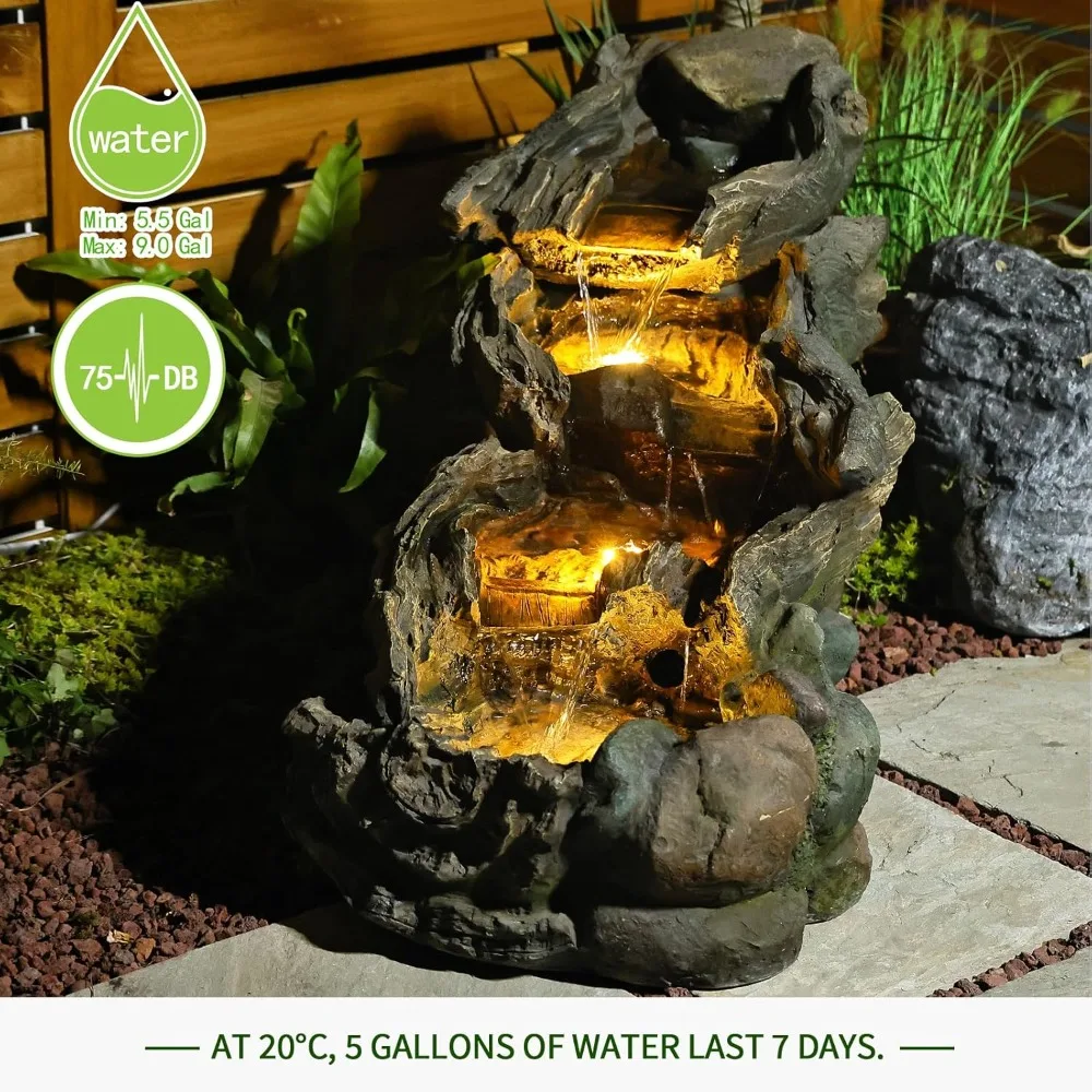 Garden Outdoor Water Fountain - 42.1 Inches Cascading Tiered Wood River Outdoor Fountain with LED Lights and Pumps for Garden, P