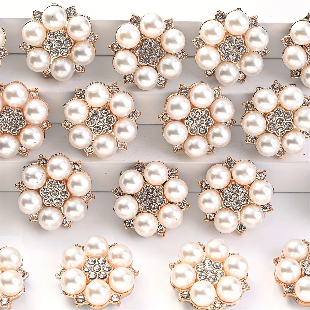 10pcs 26mm Faux Pearl Rhinestone Flower Design Charms Decorative Buttons For Hats Clothes DIY Handmade Decoration Accessories