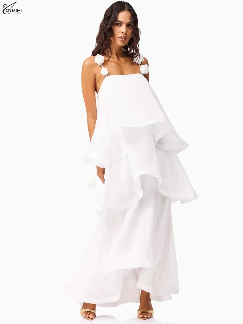 

Oymimi Fashion White Bow Dresses For Women Elegant Spaghetti Strap Cascading Ruffle Dresses Casual New Loose Ankle-Length Dress