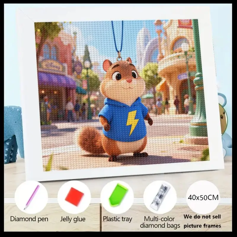1 Kit de pintura de diamante DIY de taladro completo 5D, lindo personaje Animal de ardilla de dibujos animados en sudadera con capucha de relámpago azul, diamantes de imitación redondos Em