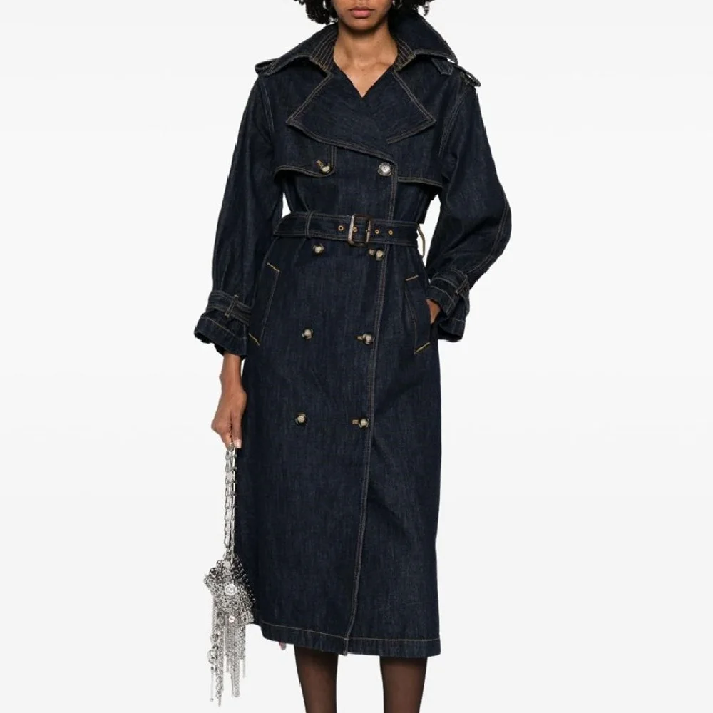 

2026 Women's Winter Denim Coat with Belt, Double-Breasted, High-Waisted, Trench Coat, Y2K New Fashion, Party Outerwear bra