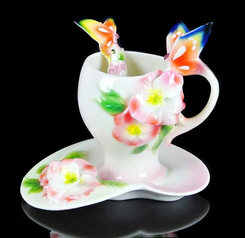 Porcelain 3PCS 7OZ Pink Butterfly Coffee Tea Milk Set Cup Saucer Spoon Daily Use