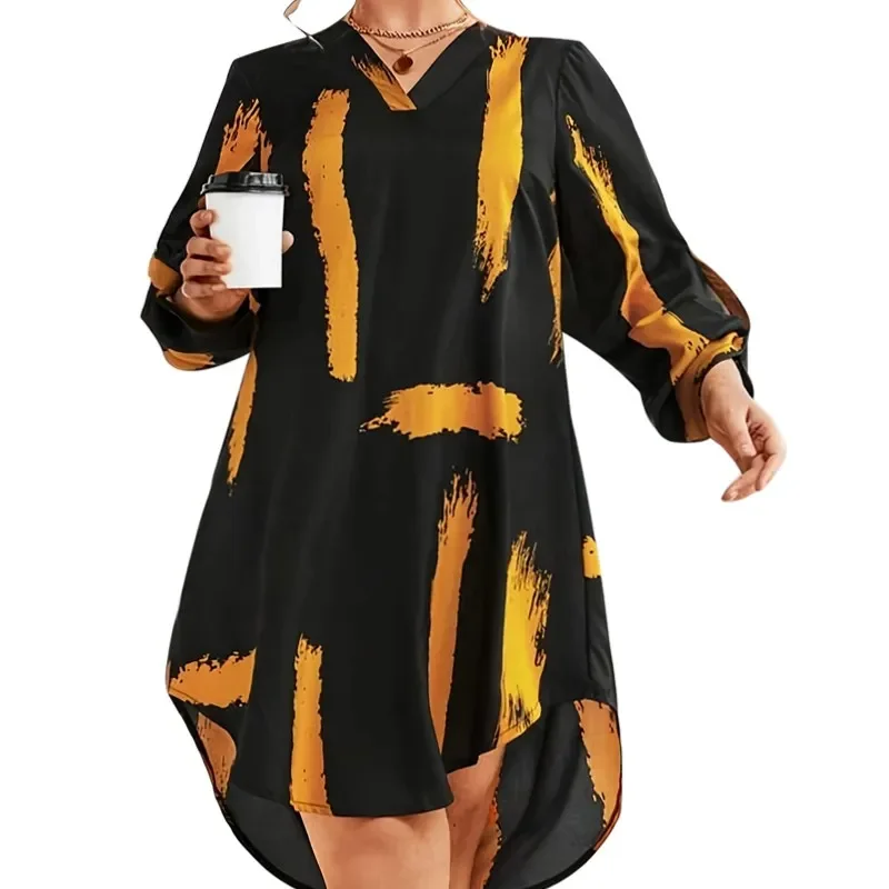 Damska sukienka Plus Size 1XL-5XL Fashion Lantern Sleeve Hem Dress Ladies Brush Print Casual Long Sleeve V-neck Long Dress