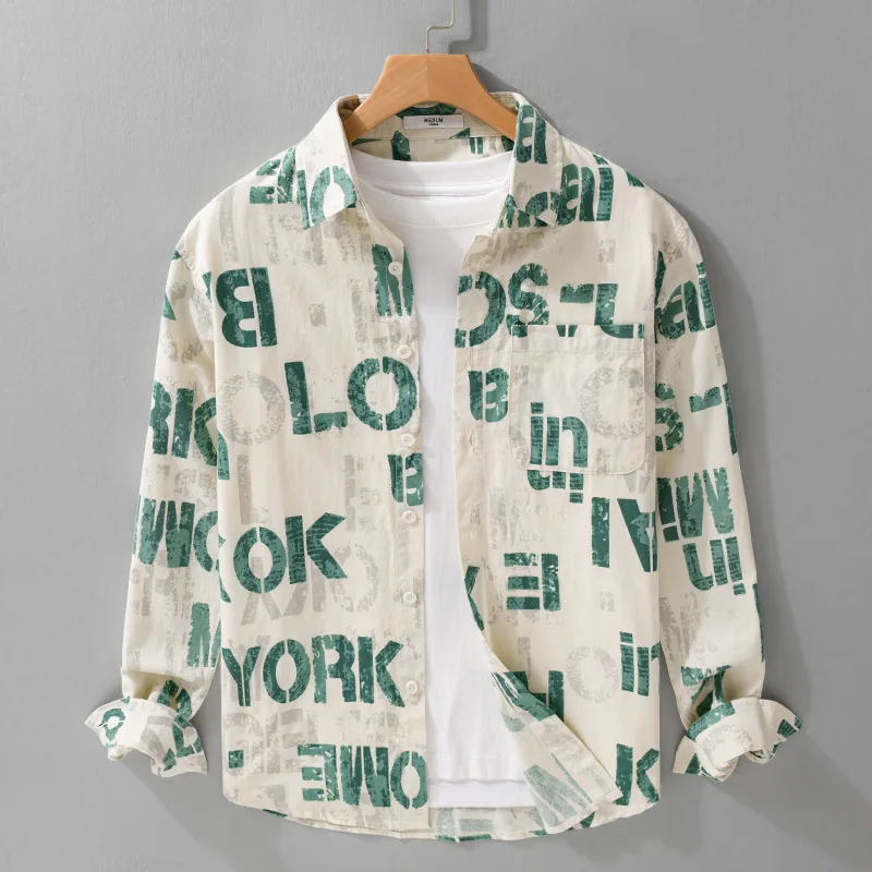 

Spring Autumn Men's Long Sve Loose Fit Printed Simple Casual irt Trendy Versatile Cotton lin Button up irt