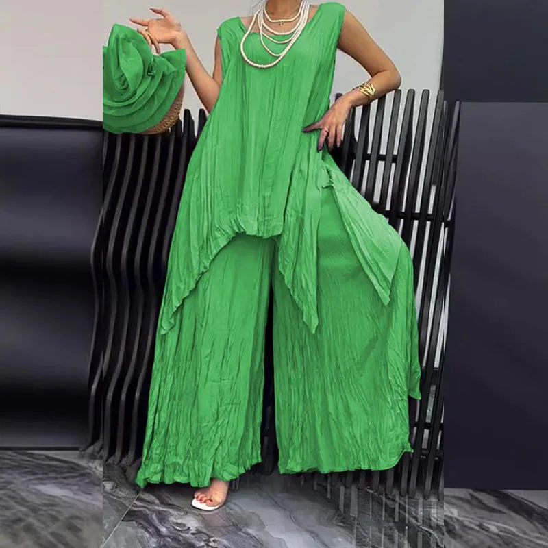 Fold Style Female Set Fashion Chic O Neck Sleeveless Blouse Tops&Wide Leg Pants Suit Casual Solid Irregular Set Women Two Piece