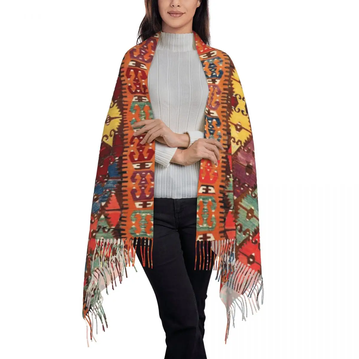 Large Aksaray Antique Turkish Kilim Scarves Women Winter Soft Warm Tassel Shawl Wrap Boho Bohemian Ethnic Persian Tribal Scarf