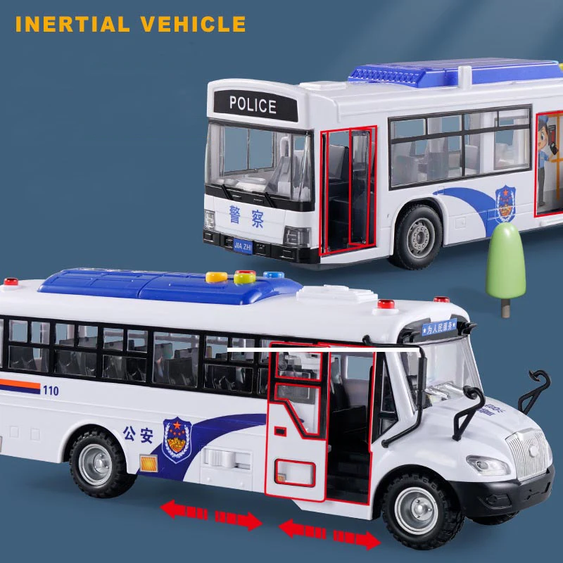 Large Size Police Car Model with Lights and Music Simulation Police Bus Pull-back Vehicle Inertial Cars Toys for Children Gift