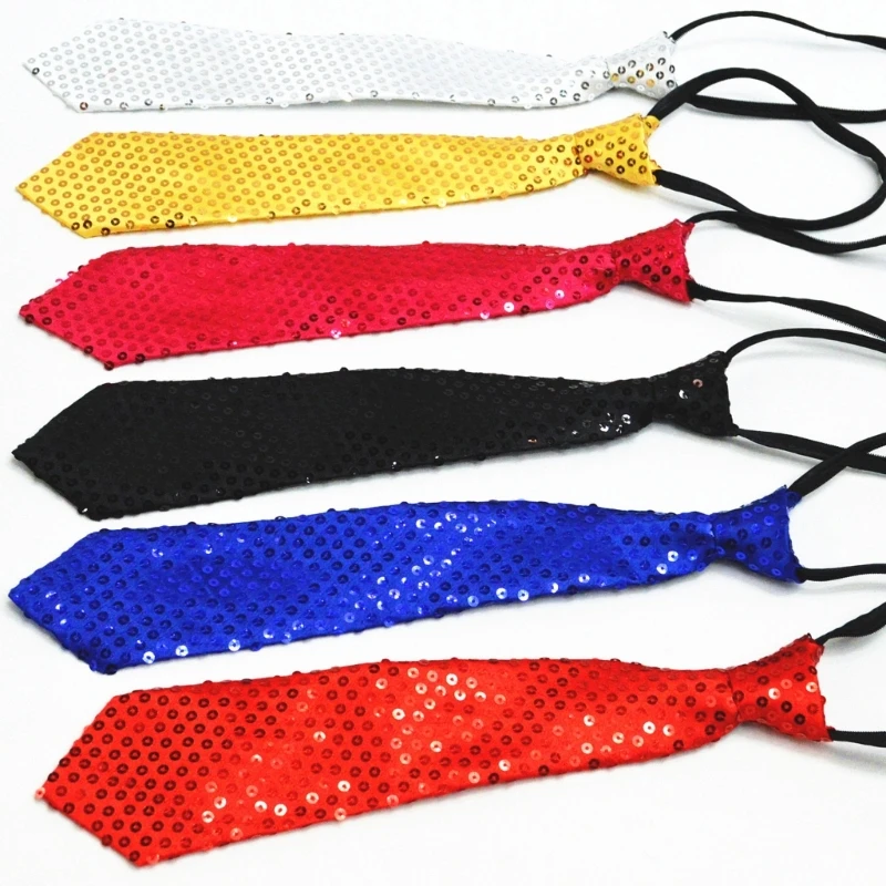 Men Women Shining Sequins Tie Stage Glitter Adjustable Zipper Closure Necktie Fashion Party Pre-Tied Neck Wear