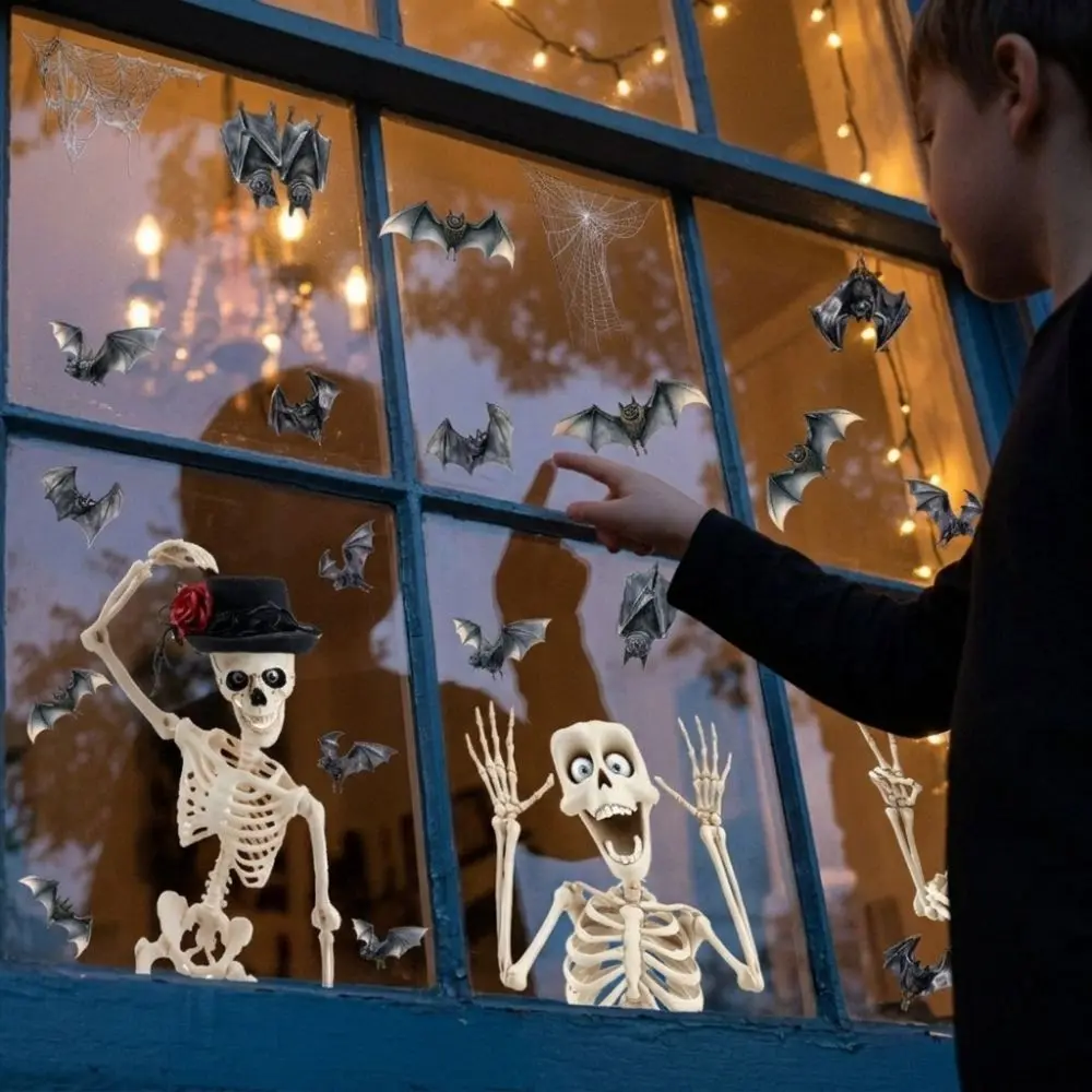 4Pcs Removable Halloween Skeleton Window Stickers PVC Non-Adhesive Static Window Decals Waterproof Spooky Party Glass Clings