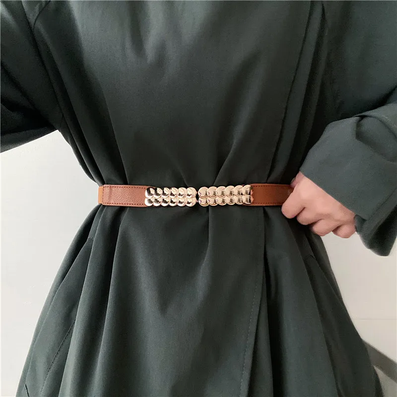 Fashion Women Belts Black Waist Seal Gold Metal Buckle Female Dress Belts Ladies Thin Stretch Waistband Gifts Party Cummerbunds