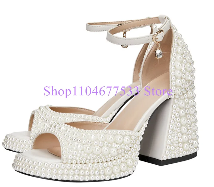 

Fashion Chunky Heel Pearl Decor Lady Sandals Woman New Platform Wedding Shoes Female Popular Dress Party Pumps Shoes