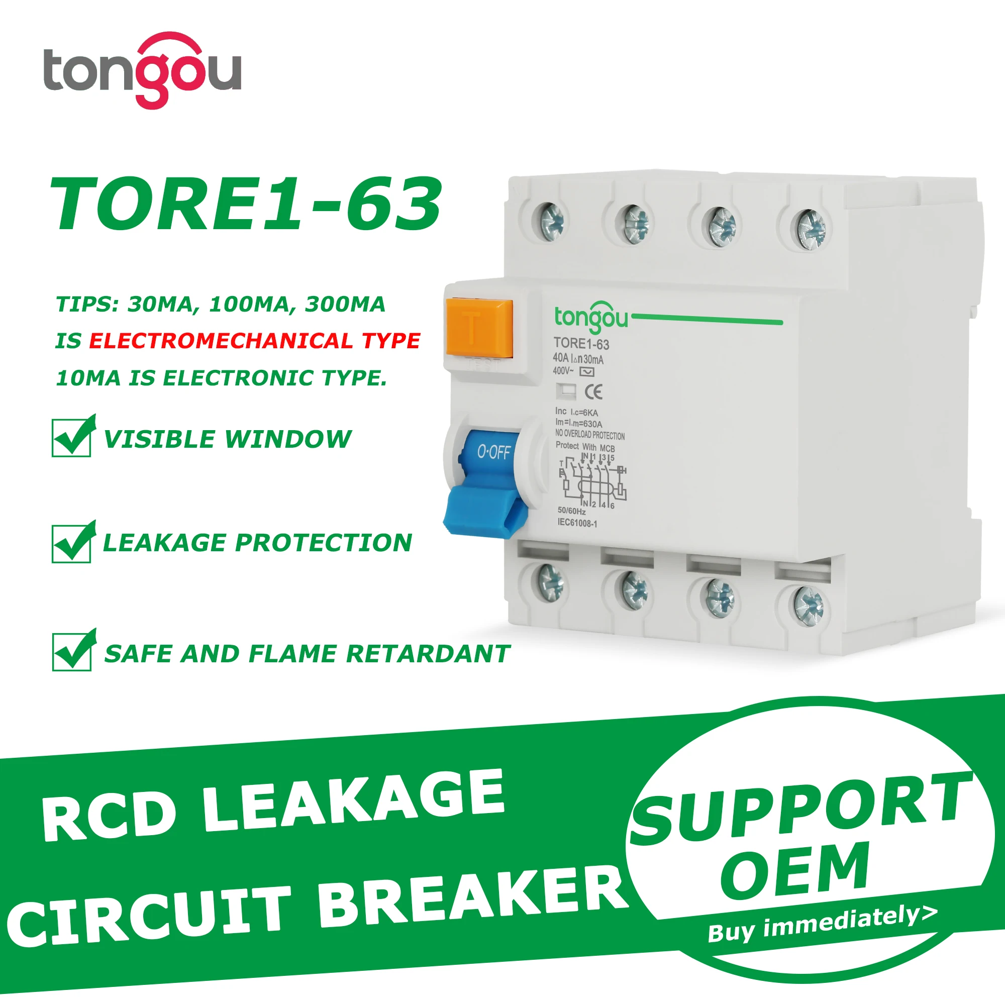 4P 16A 63A 10mA 30mA 100mA 6KA RCCB RCD 400V Electromechanic Residual Current Circuit Breaker Differential Breaker Safety Switch