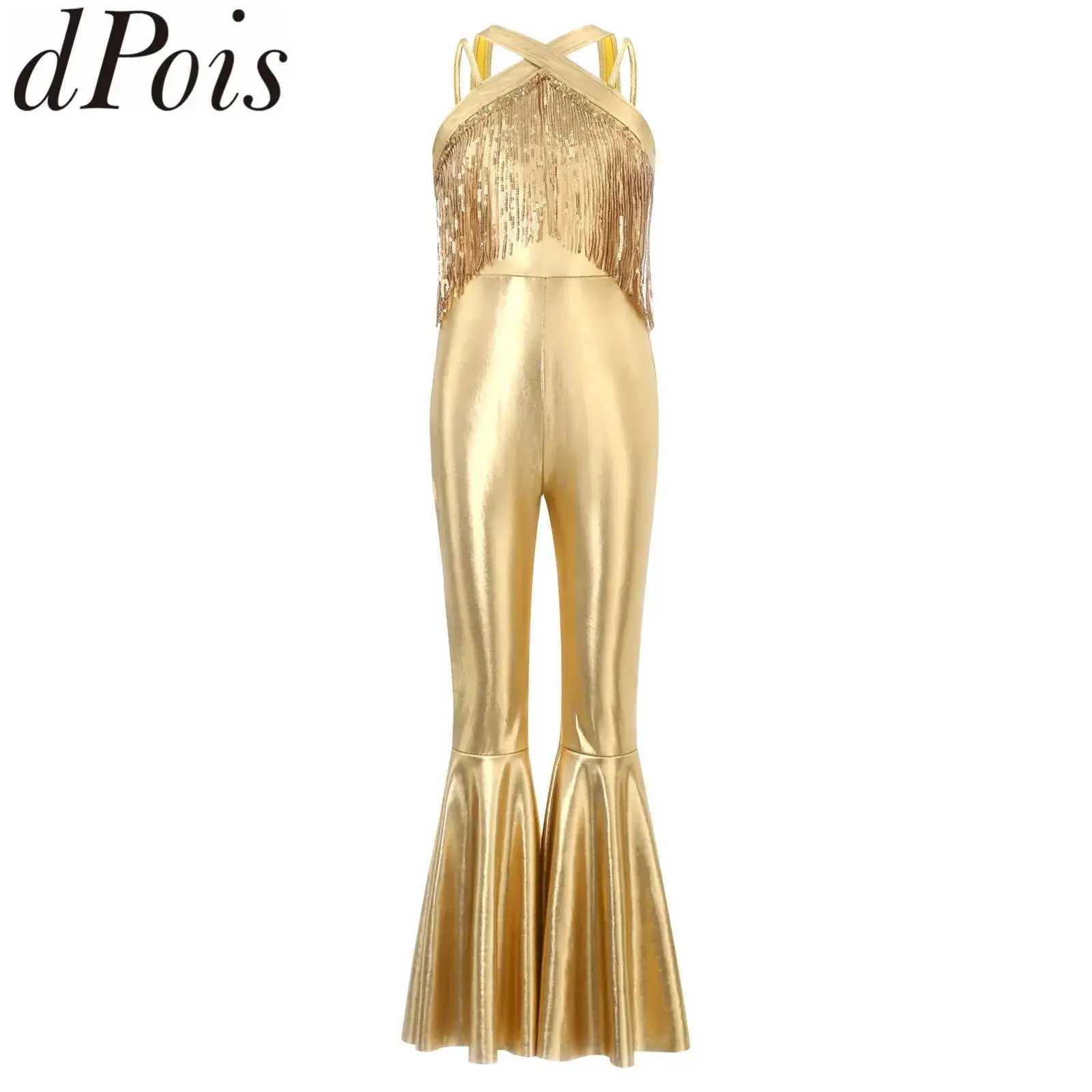 

Kids Girls Party 70s Disco Prom Flare Jumpsuit Jazz Dance Costumes Shiny Tassels Sequined Sleeveless Zipper Long Pants Romper