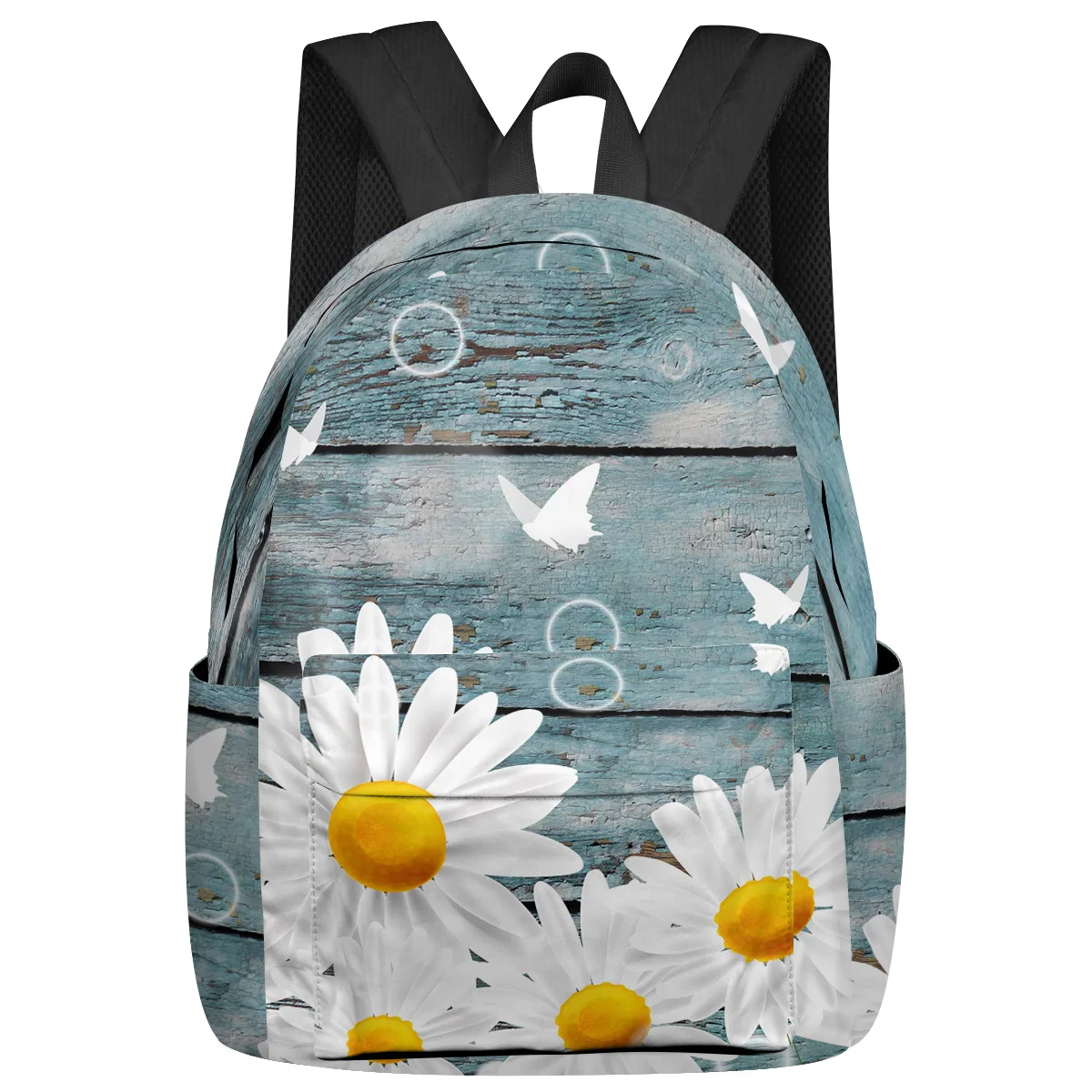 

White Daisy Butterfly Wood Grain Backpacks Teenagers Student School Bags Laptop Backpack Men Women Female Travel Mochila