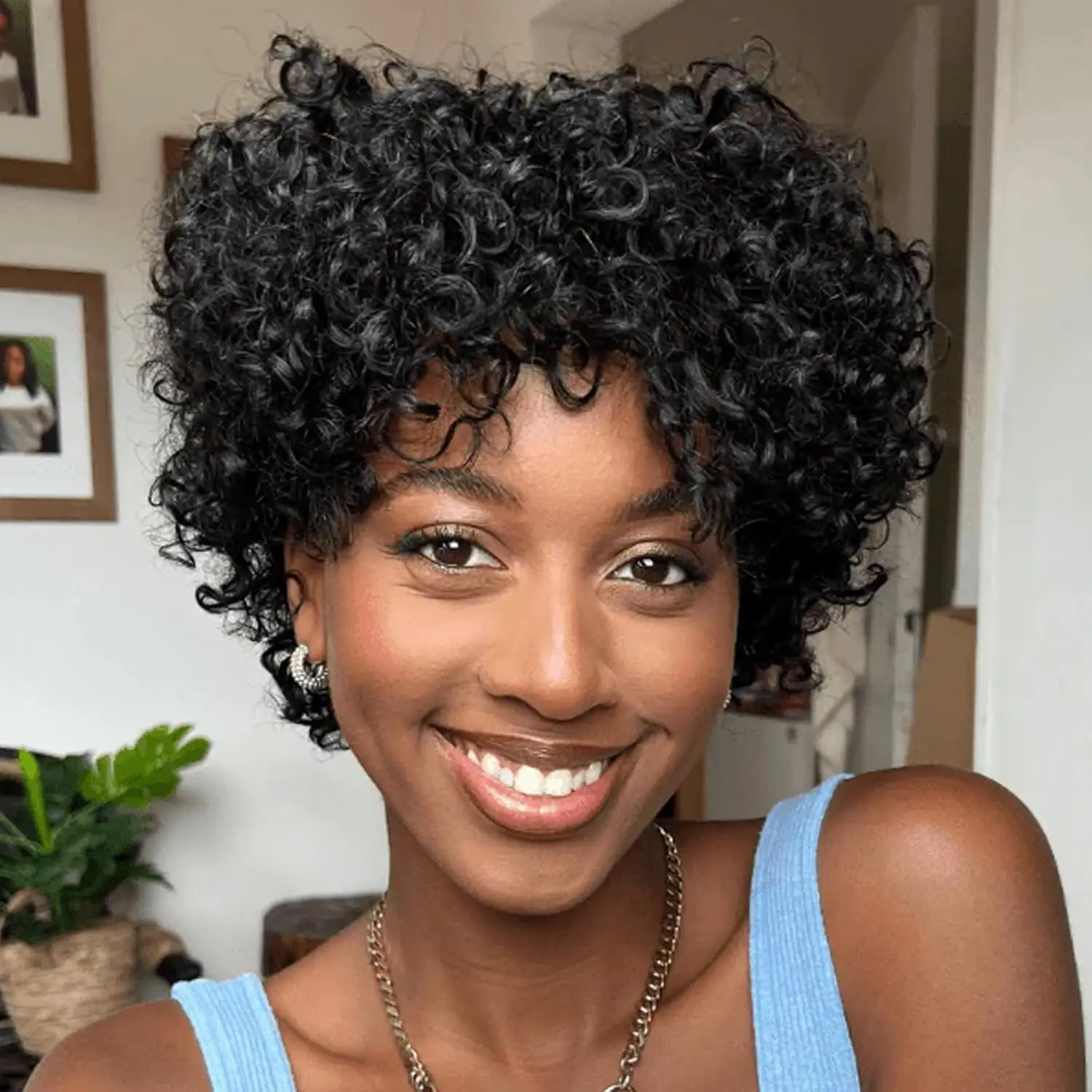 

machine made black color short kinky curly 6inch 150% density pixie cut human hair wig daily party mother's day gift wig