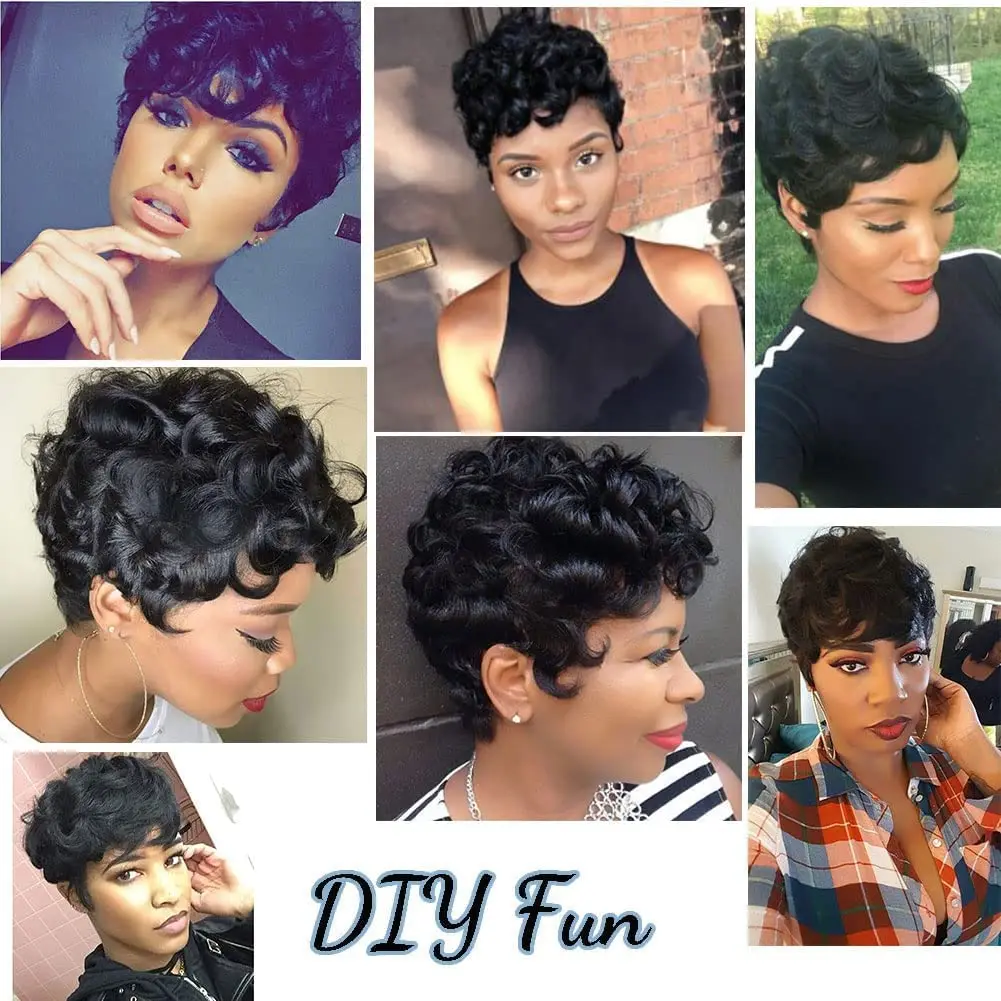 Short Pixie Wigs for Black Women Short Black Curly Pixie Wigs Synthetic Hair Wigs for Black Women Natural Wavy Black Pixie Cut