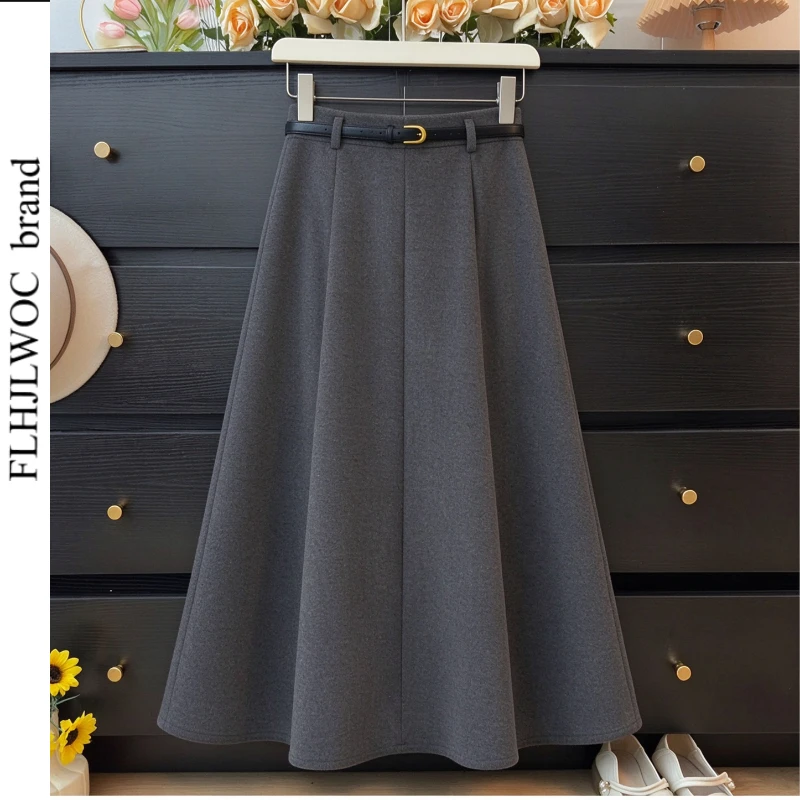 FLHJLWOC Women Woolen Blend Midi A-Line Flared Skirt High Waist Slim Fit Work Office Commuter Skirt with Belt