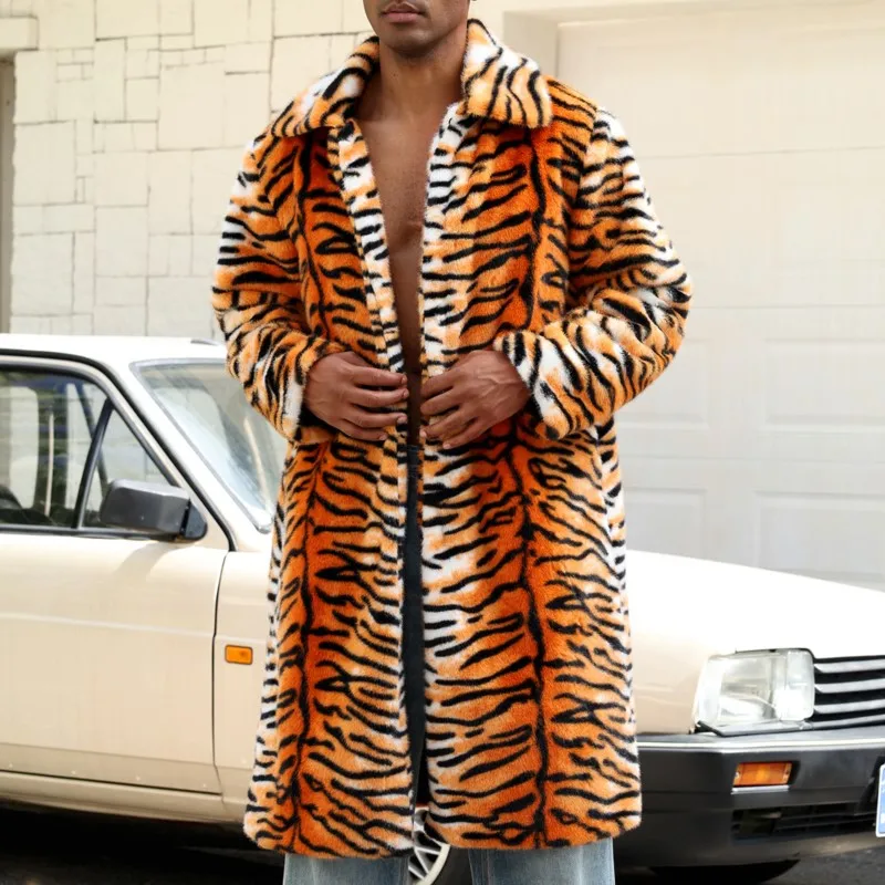 سترات شتوية سميكة ودافئة لعام 2025 معاطف طويلة من الفرو معاطف طويلة منفوشة ملابس خارجية للرجال سترة بنمط نمر من الفرو الصناعي