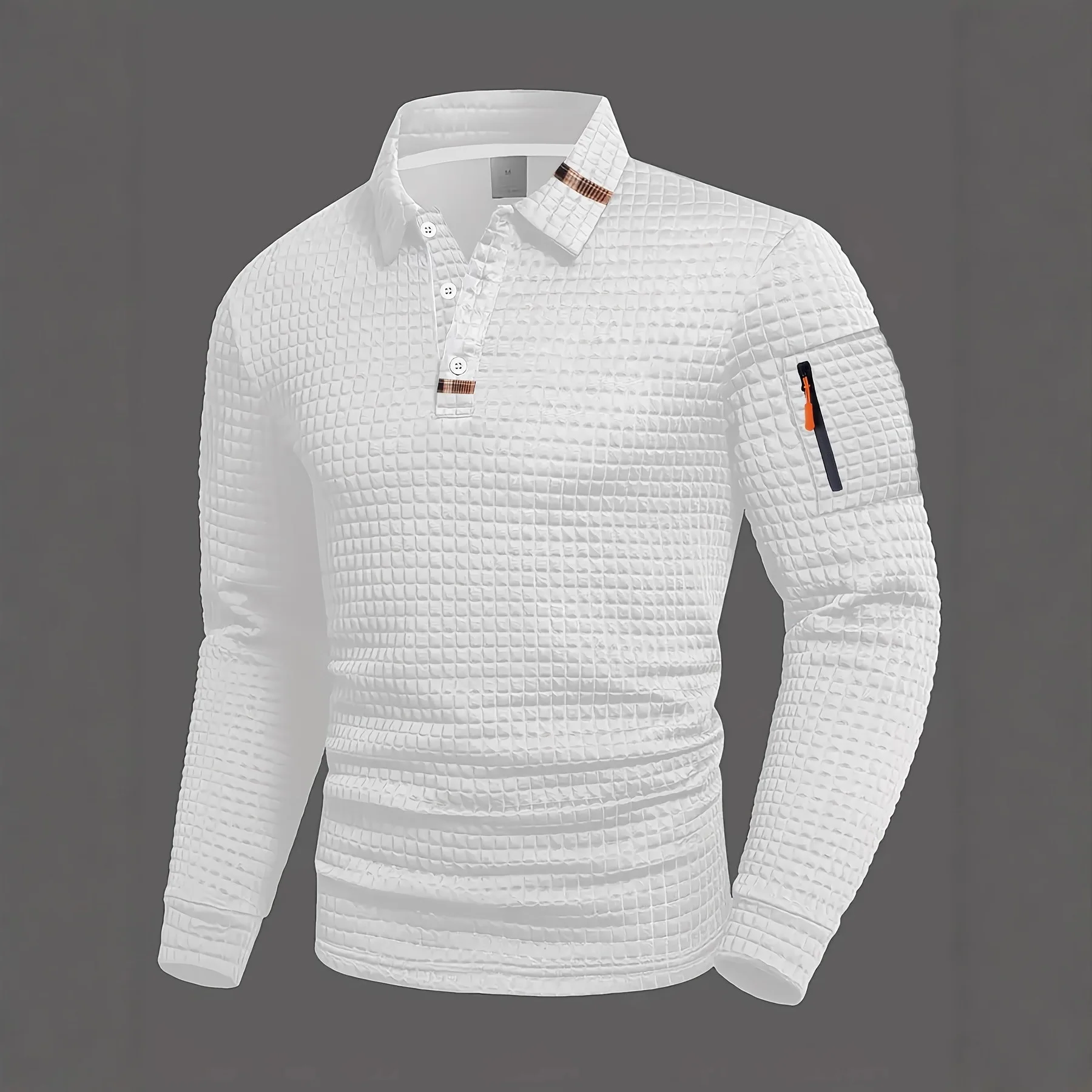 

New men's polo shirt with checkered collar, buttoned and zipped front pocket, fashionable for all seasons, long sleeves