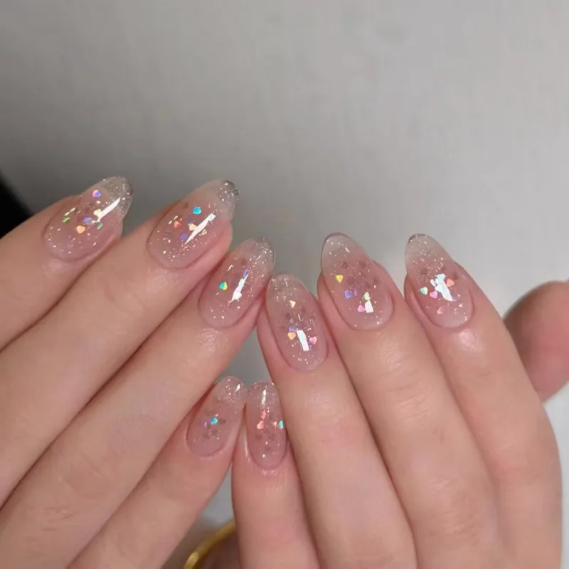 

24pcs Glitter Sequins Fake Nail Medium Length Almond Shaped Nails Press on Blush Artificial Nail Tips Cheap Stick-on Nails 2025