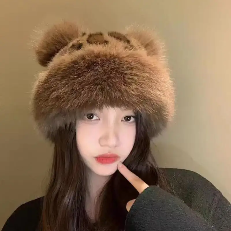 

Retro Leopard Print Plush Hats Warm Autumn Winter Korean Little Bear Ears Cute Mongolian Cap Windproof Ear Protection Bonnets