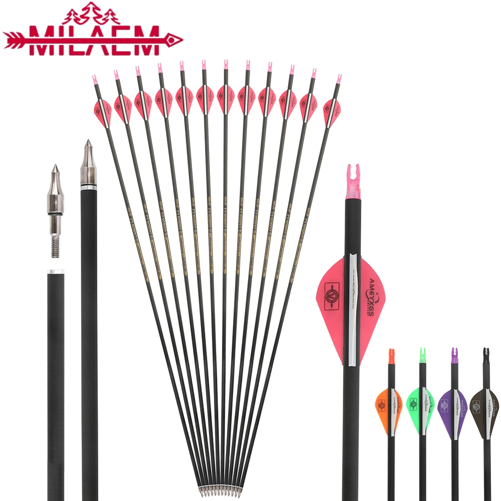 

32 Inch Pure Carbon Arrow Spine 300-600 Fit ID 6.2mm Shaft with 2 Inch Rubber Feather Archery Bow Hunting Shooting Accessories