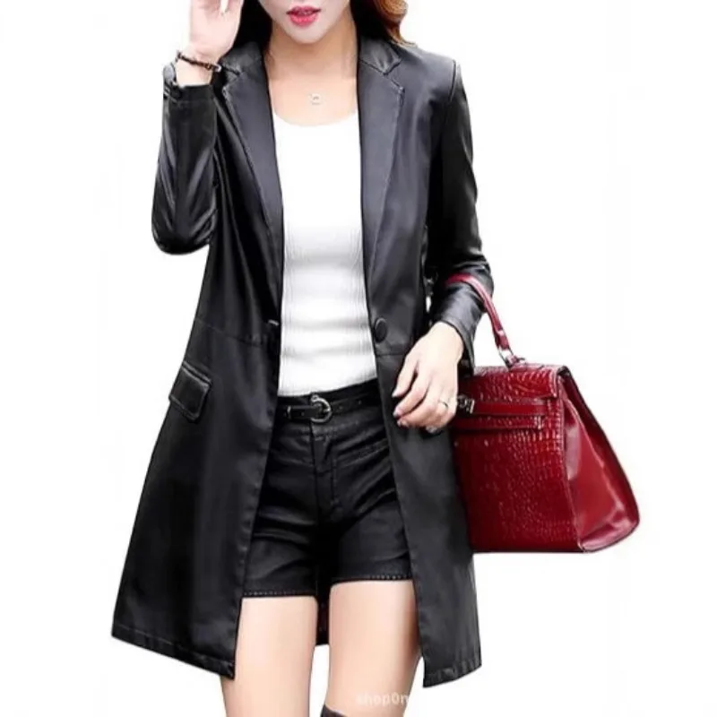 Spring Autumn New Women Leather Jackets One Button Design on The Front Placket Lapels Coat PU Mid-Length Windbreaker Slim Casual