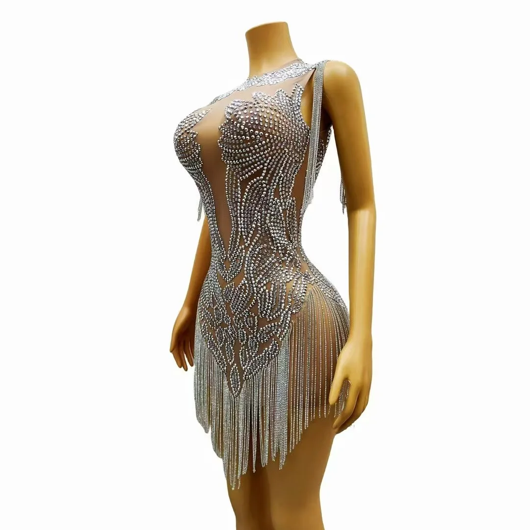 Traje de fiesta para mujer, disfraz de sesión de fotos puesta en escena, cantante, bailarina, Sexy, diamantes de imitación plateados, cadenas de cristales, vestido de malla desnuda