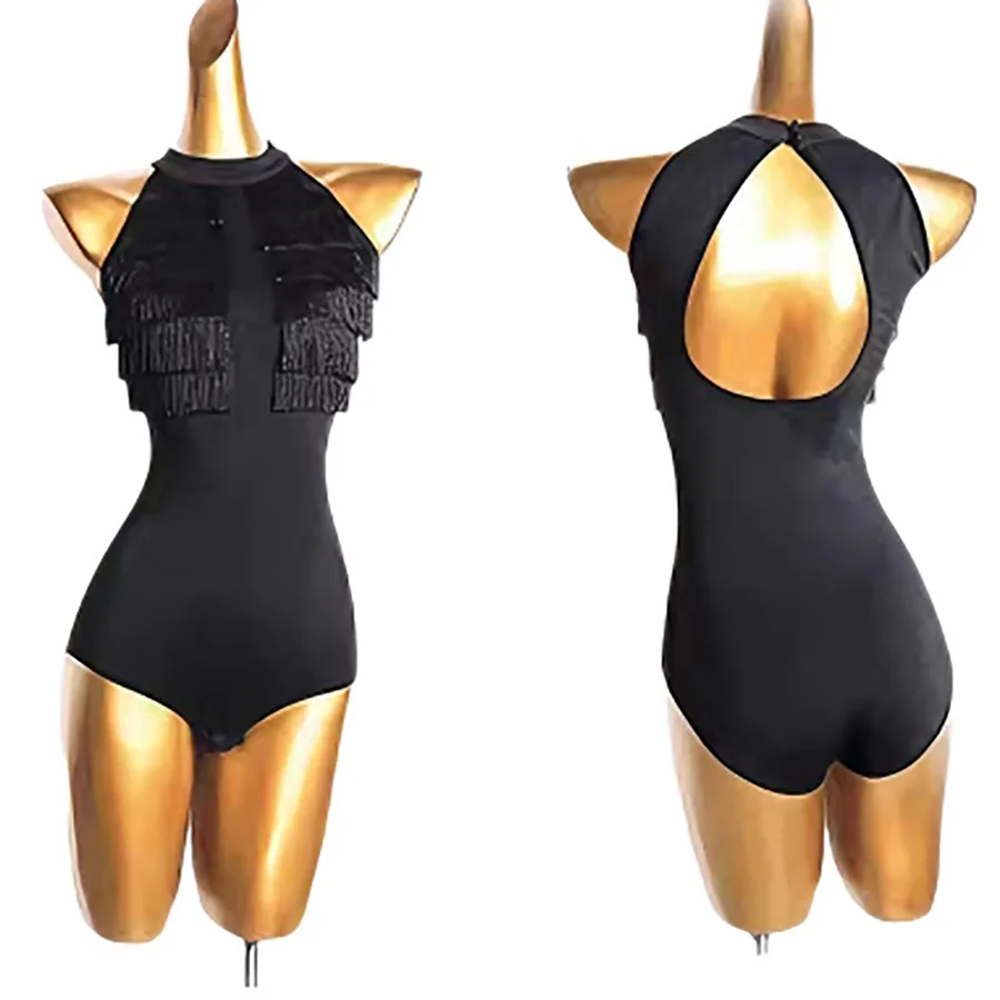 Latin Dance Costume With Beautiful Back And Tassel Jumpsuit Silver Half Skirt National Standard Practice Dance Costume