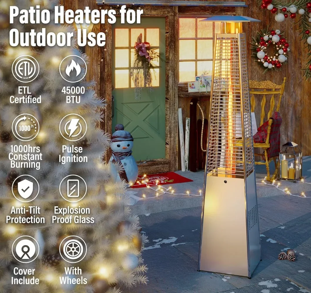 Outdoor Patio Propane Heater for Outdoor Use, Pyramid Deck Heater with Cover & Wheels & Quartz Glass Tube for Outdoo