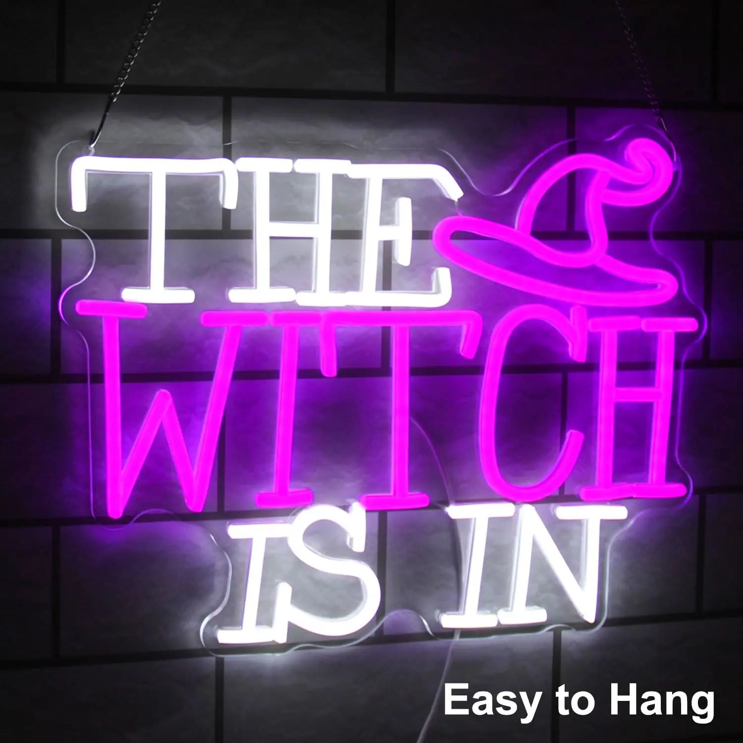 The Witch Is In LED Neon Sign for Wall Decor Halloween Witch Hat Purple Dimmable Gothic Lamp Haunted Mansion House Party