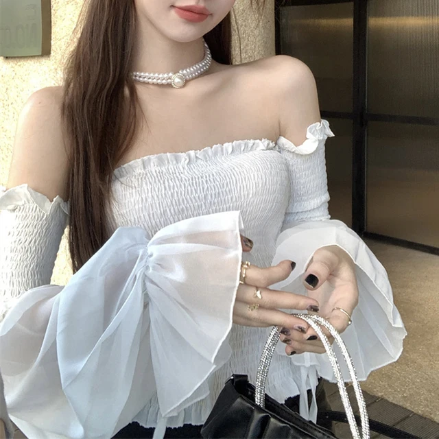 Solid Color Slim Fit Off Shoulder Sexy Women's Chiffon Shirt Sweet Flare Long Sleeved Chic Fashion New Lady Short Tops 8066