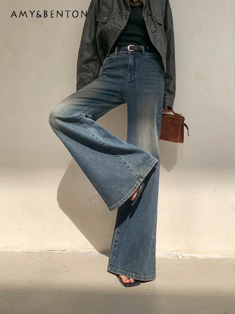 Retro Washed Blue Jeans Women 2024 Early Autumn New Fashion Flared Pants High-end Temperament Do Old Wide-leg Pants Women