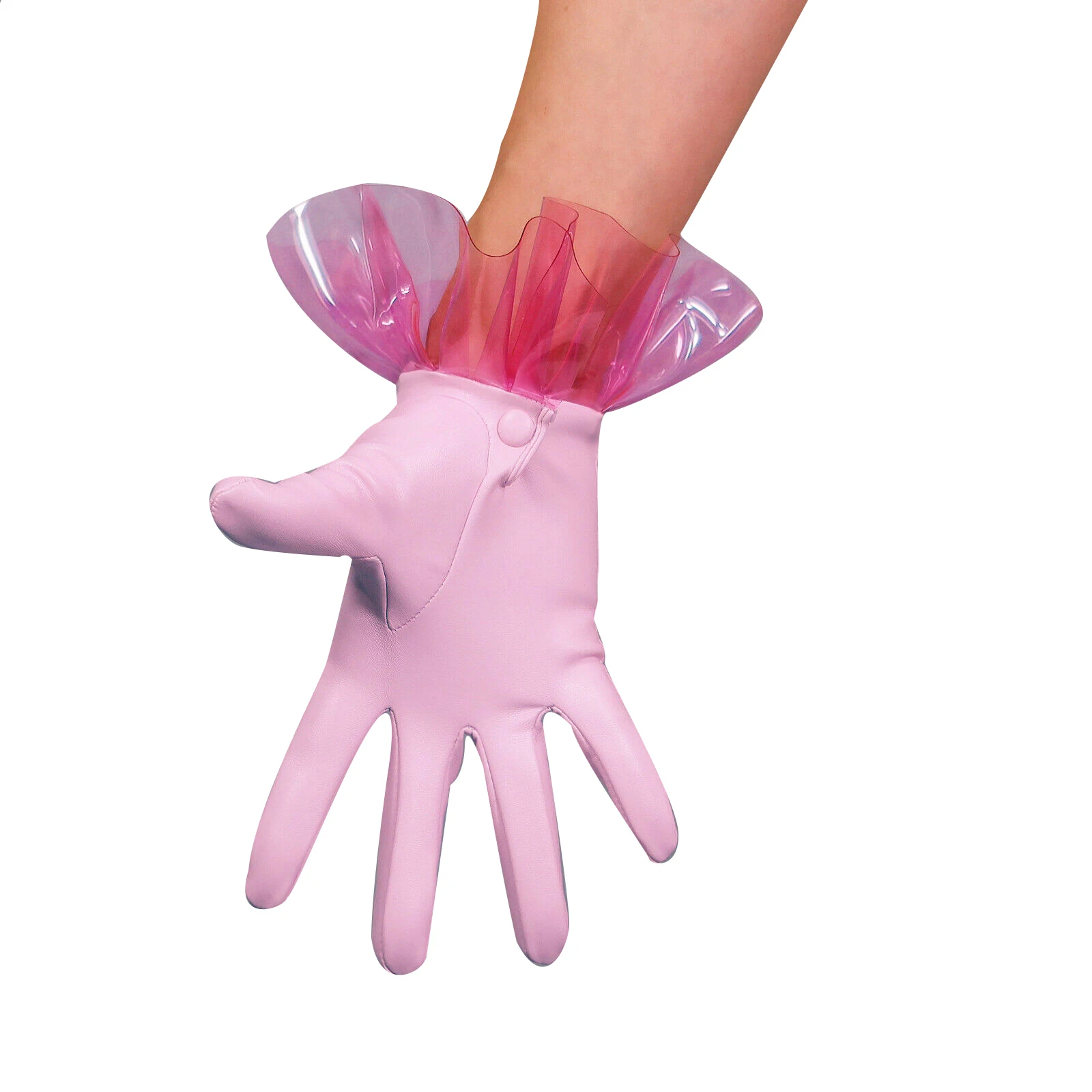 DooWay Women\'s CLEAR Pink GLOVES PVC Ruffle Trim TECH Faux Leather Short Plastic Transparent Fashion Cosplay Evening Glove