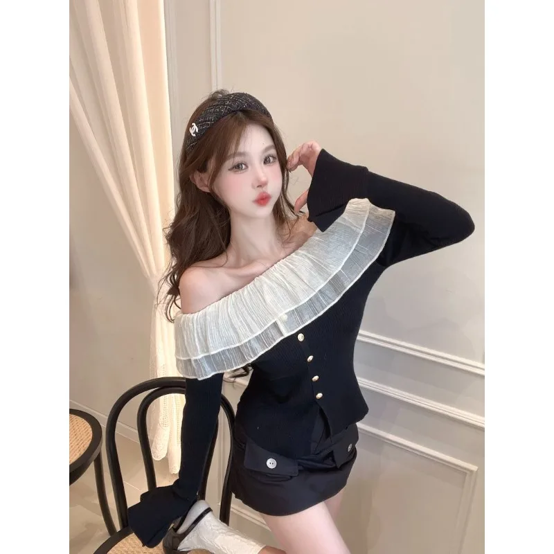 Women's Spring Autumn Blouse One-shoulder Shoulder Knit Ruffle Flared Sleeves Solid Color Slim Simple Loose Design Soft Niche
