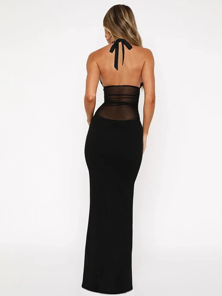 Mesh Deep V-neck Sleeveless See Hrough Backless Lace-up Sexy Dress For Women Patchwork Fashion Slim Party Evening Dress