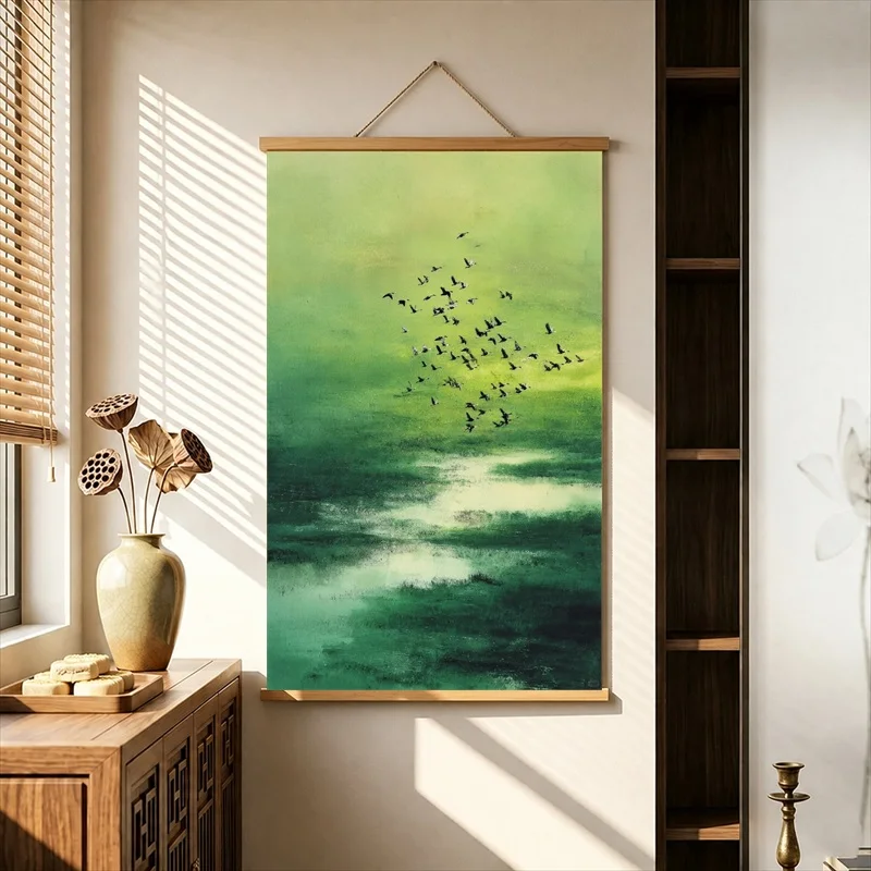 Birds Flying above a Green Field Pearlescent Canvas Wall Decor Serene Vibe Hanging Scroll for Reading Nook Interior
