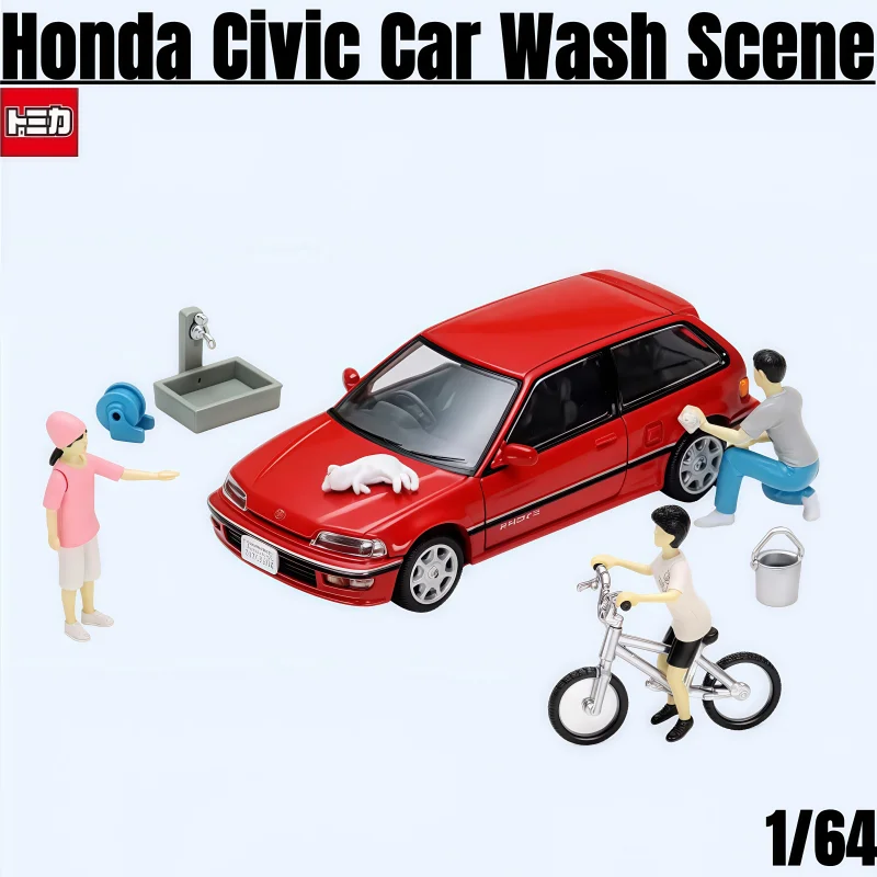 TOMICA TLV 1:64, Car Snap 02a Honda Civic Car Wash Scene Red, alloy die-cast static Miniaturized car Tide Play model, boy toy.