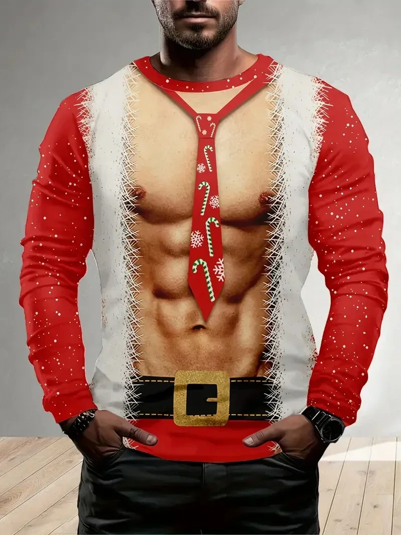 تي شيرت مطبوع بزخرفة عيد الميلاد الممتعة، زي سانتا كلوز، ملابس أنيمي مطبوعة ثلاثية الأبعاد للرجال بأكمام طويلة تي شيرت جرافيك