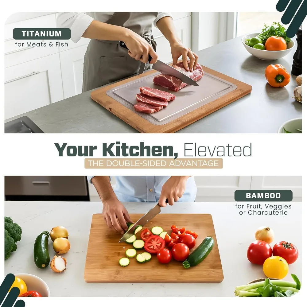 لوح تقطيع مطبخ كبير من التيتانيوم على الوجهين مع جانب من الخيزران - سطح قطع متين مقاس 16 × 12 بوصة للاستخدام اليومي