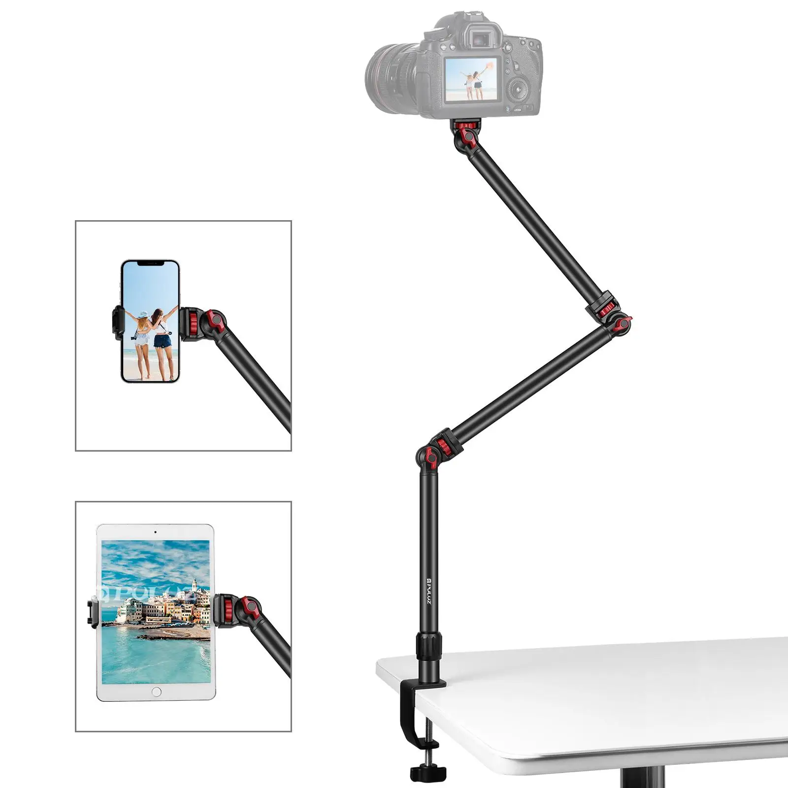 PULUZ Overhead Camera Mount C-Clamp Desk Stand Live Holder Cell Phone Holder Bracket&Tablets IPads Camera Desktop Live Streaming