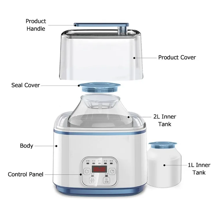 2025 Premium 2L Yogurtera de doble tanque - Máquina de fermentación de enzimas de vidrio con temporizador LED