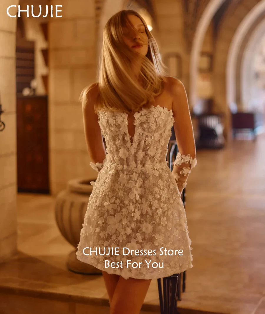 

White Short Lace Appliques Bridal Gowns White Classic Strapless Wedding Dresses Woman Customized Bride Dress Vestido de novia